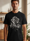 Black t-shirt with a detailed rose tattoo design and the words 
