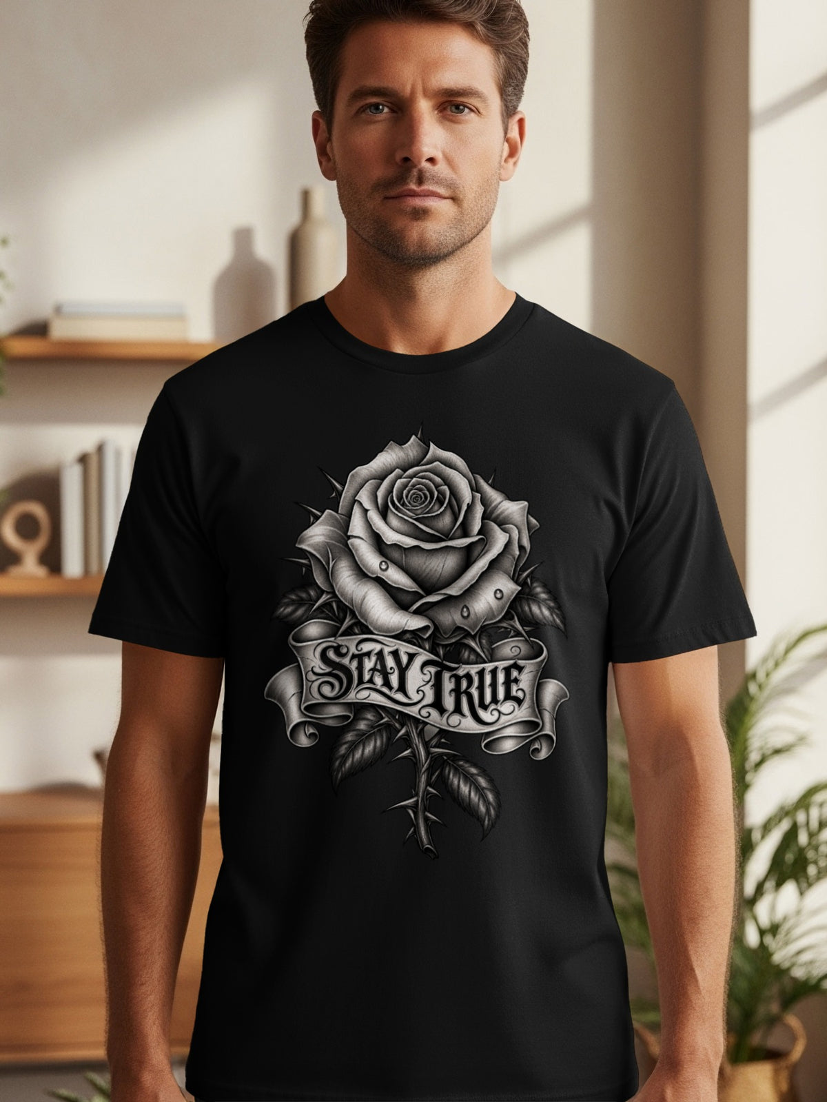 Black t-shirt with a detailed rose tattoo design and the words "Stay True" on a banner.