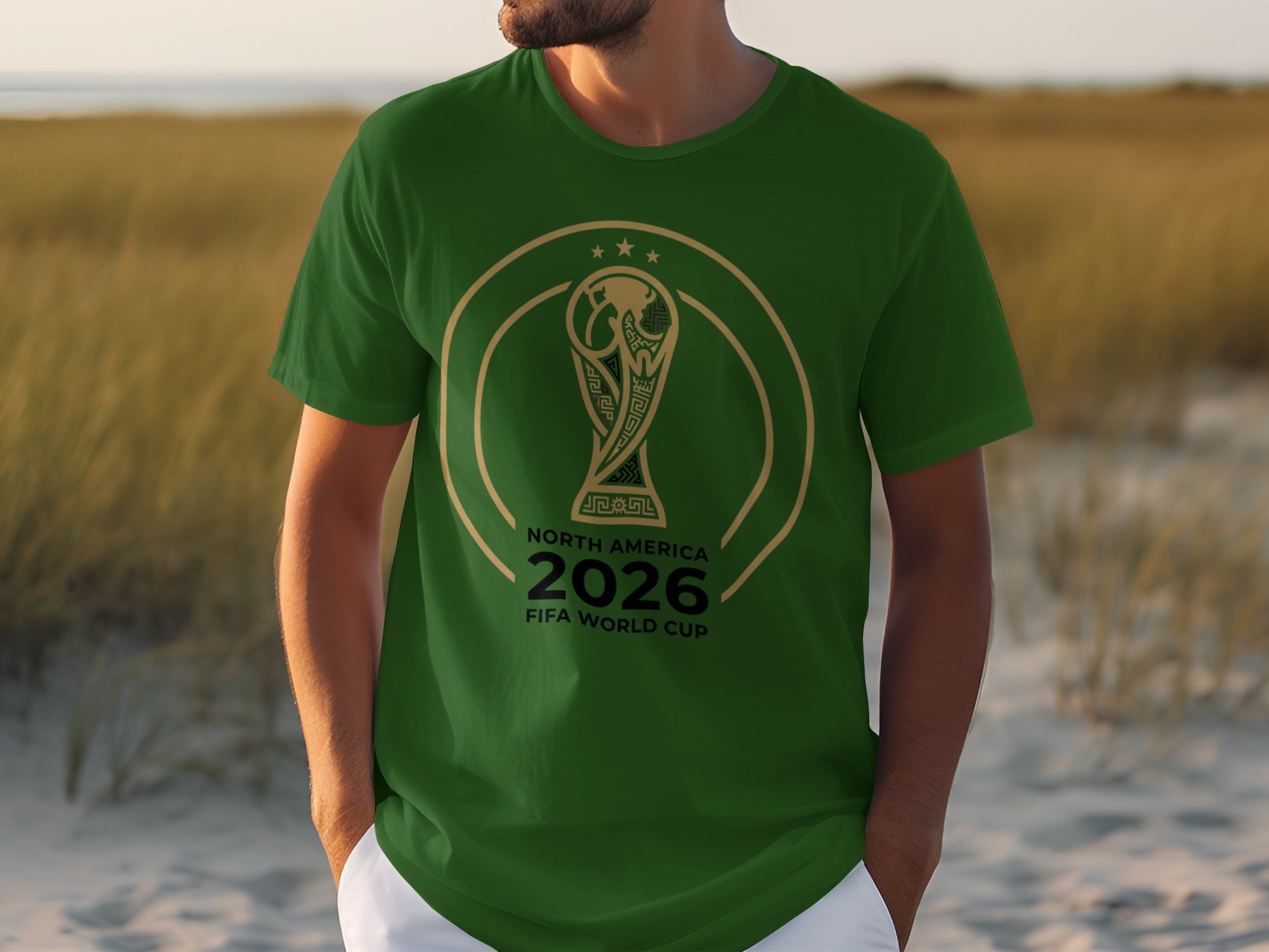 Green t-shirt with 2026 FIFA World Cup North America logo.
