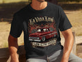 Black t-shirt with graphic of red pickup truck, flames, roses, and text 
