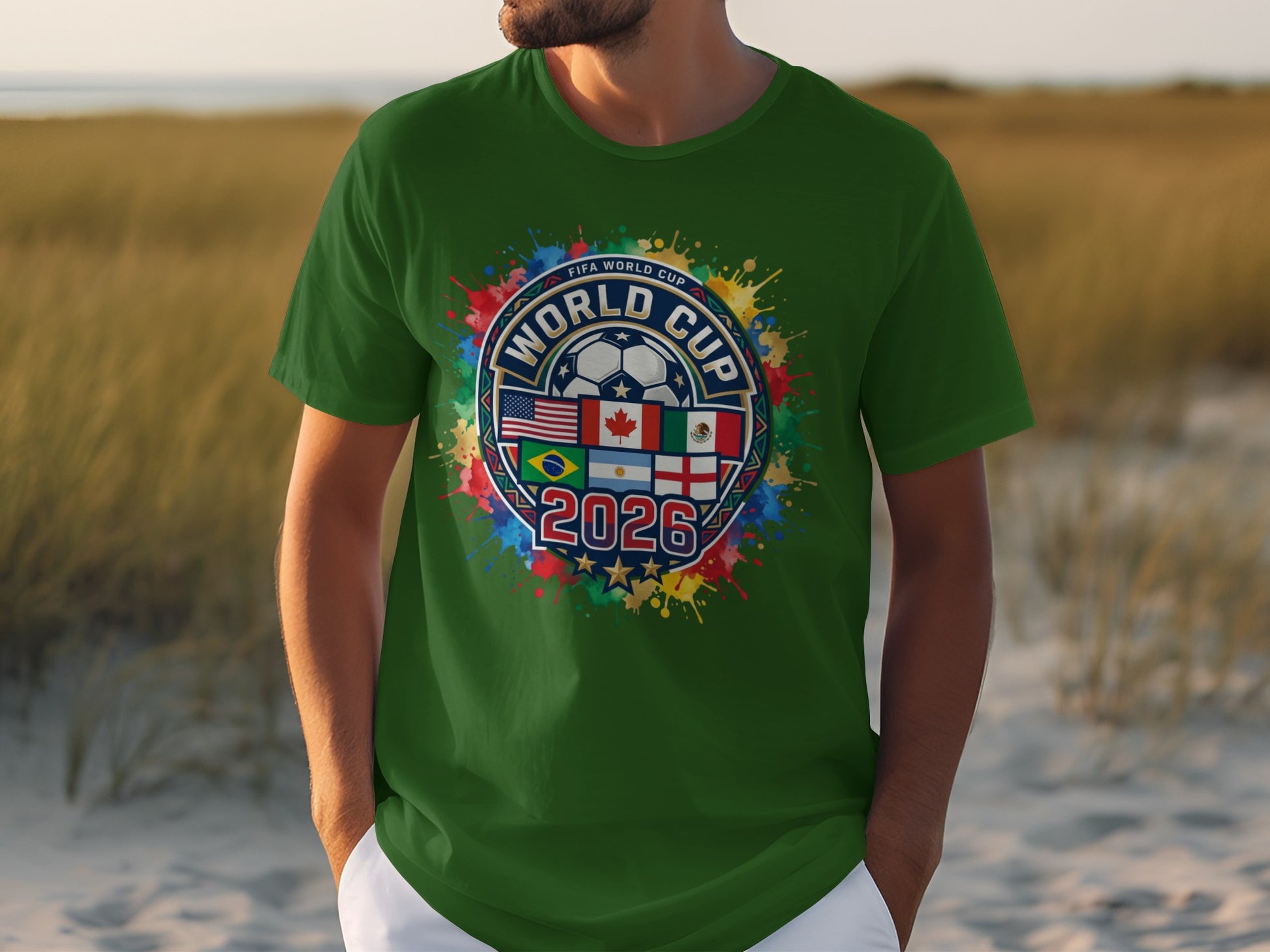 Green t-shirt with World Cup 2026 logo featuring flags and colorful paint splatters.
