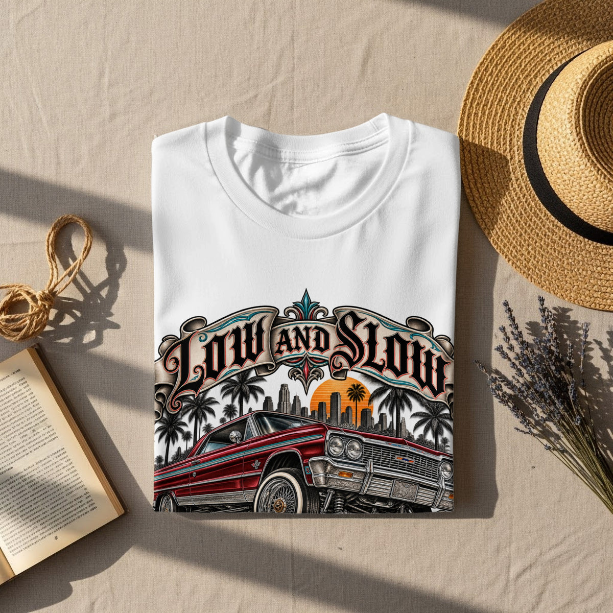 White t-shirt featuring a red classic car with "LOW AND SLOW" text.