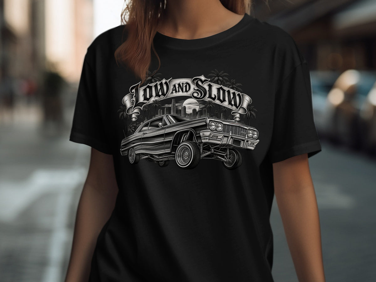 Black t-shirt with "Low and Slow" text and a lowrider car graphic.