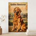 Golden Retriever sitting in a scenic landscape with text 