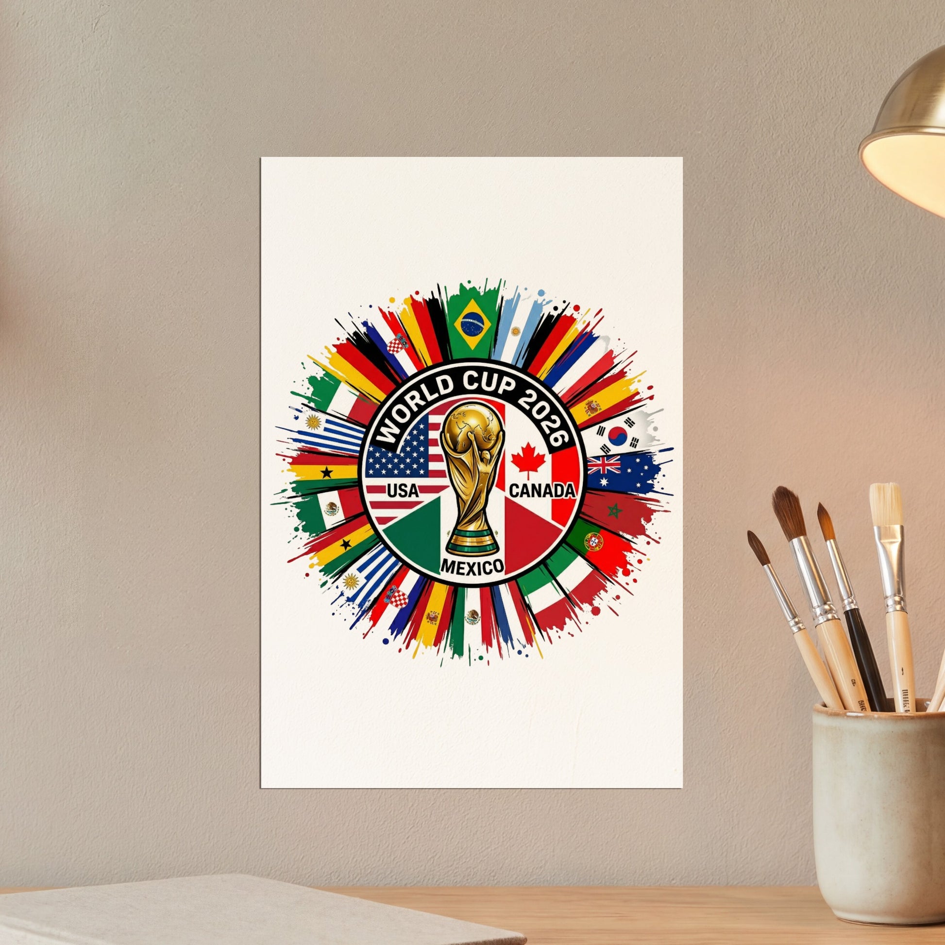World Cup 2026 logo with USA, Canada, and Mexico flags, surrounded by international flags.