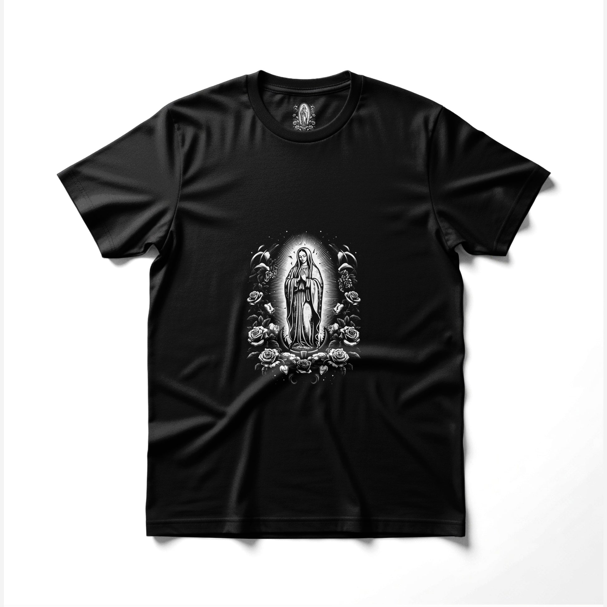 Black t-shirt with Virgin Mary and roses graphic.