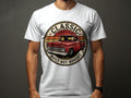 White t-shirt with classic red truck graphic and text 
