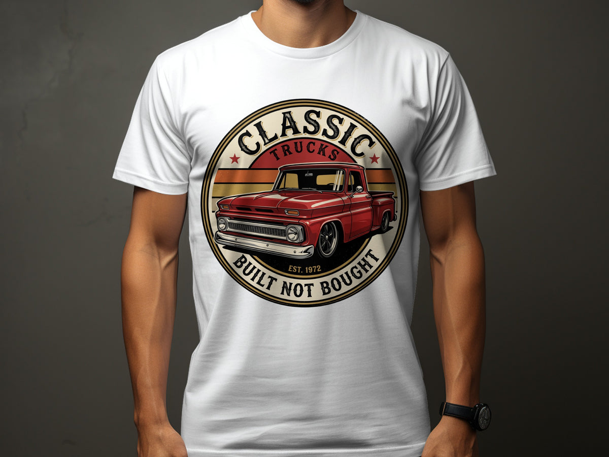 White t-shirt with classic red truck graphic and text "Classic Trucks Built Not Bought Est. 1972".