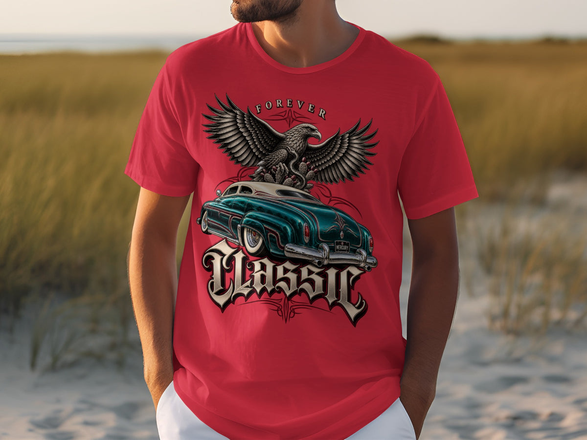 Red t-shirt with a graphic of an eagle over a classic turquoise car.