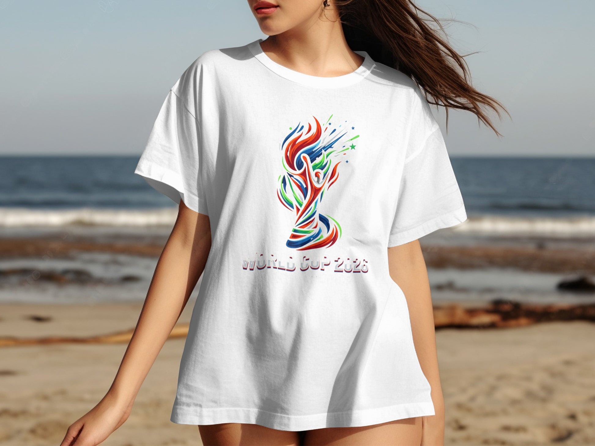 White t-shirt with colorful World Cup 2023 graphic on chest.