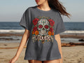 Dark grey t-shirt with a sugar skull design and 