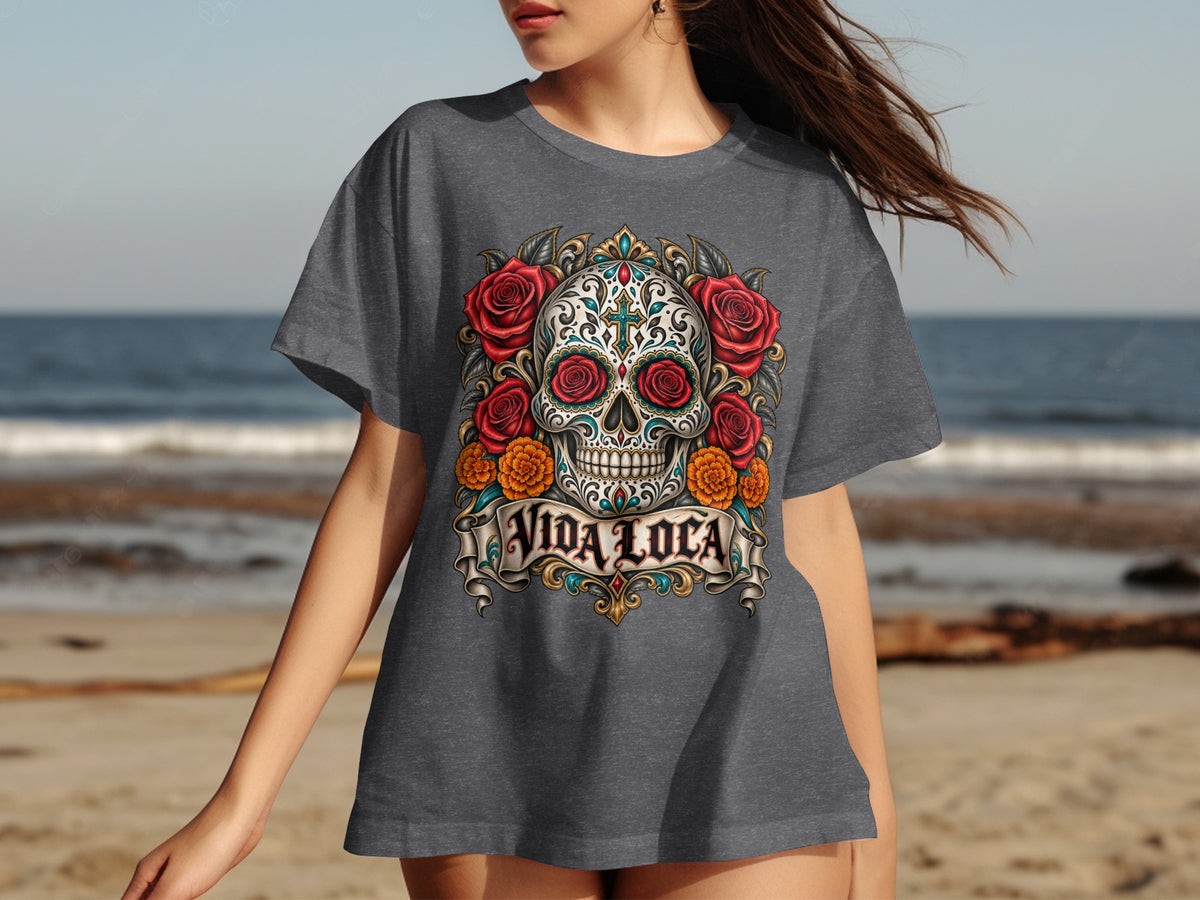 Dark grey t-shirt with a sugar skull design and "VIDA LOCA" text.