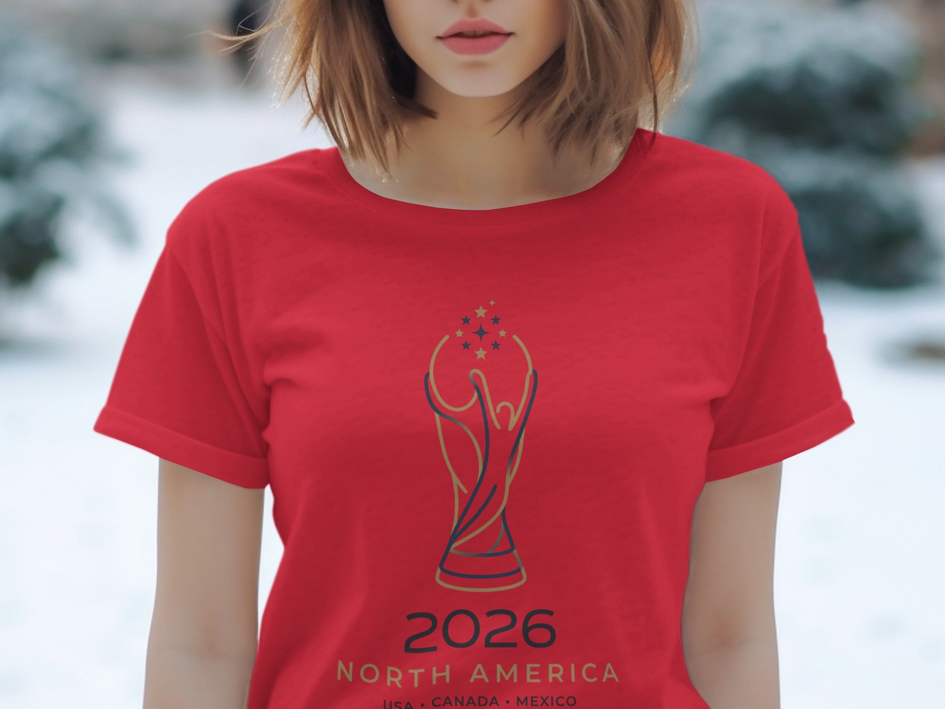 Red t-shirt with 2026 North America USA, Canada, Mexico FIFA trophy logo.