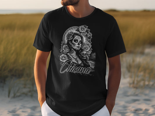 Black t-shirt featuring a sugar skull, roses, and woman's face with "Chicana" text.