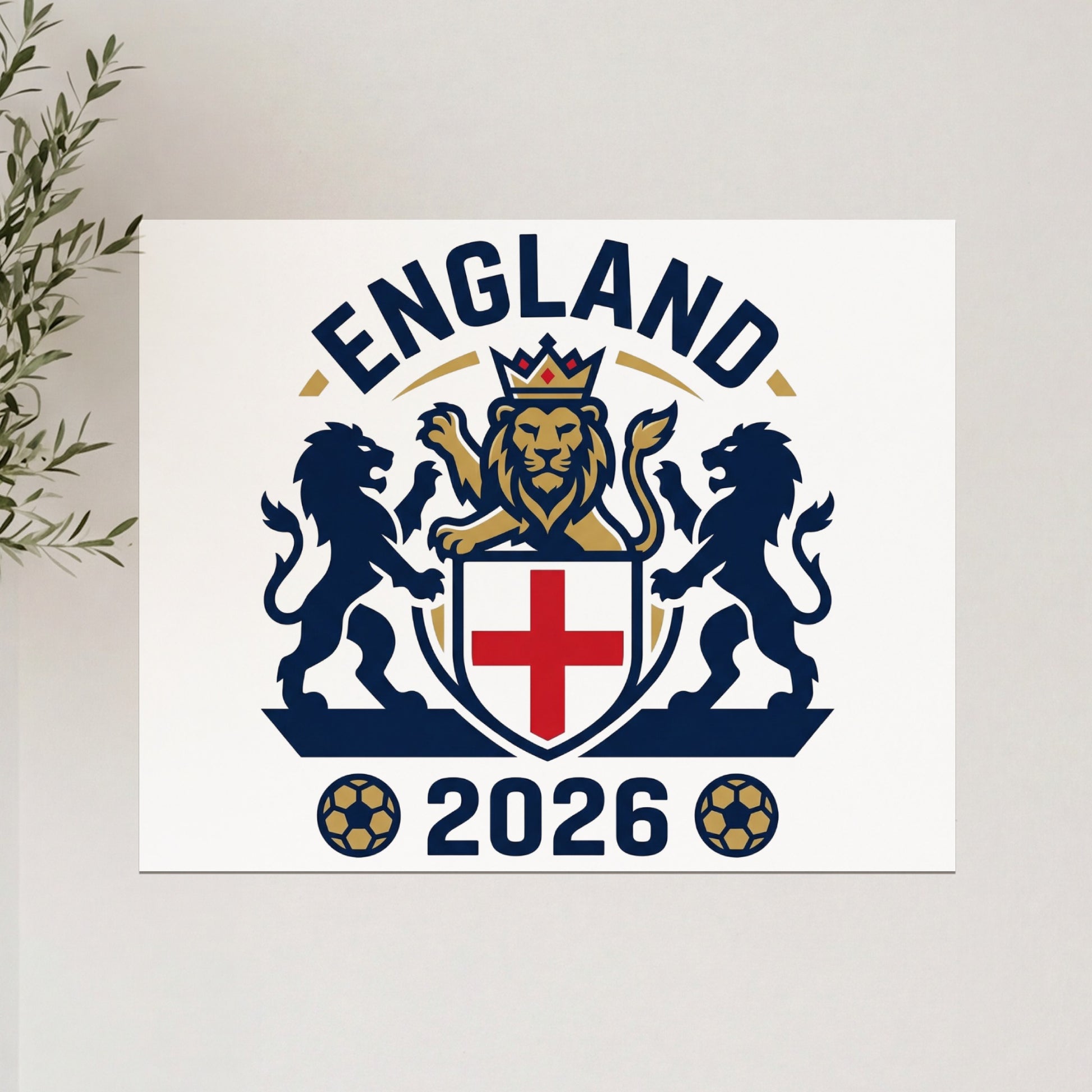 England crest with lions, crown, cross, and "2026" text.