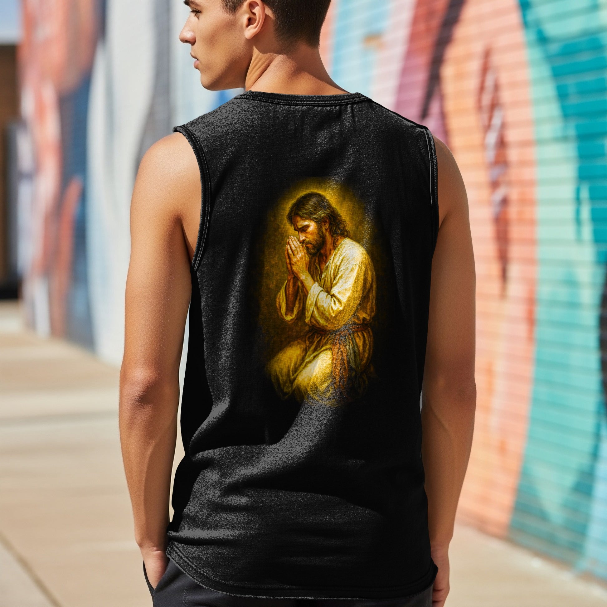 Black tank top with religious artwork of Jesus praying on the back.