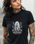 Black t-shirt with Virgin Mary graphic and roses, framed by a radiant halo.