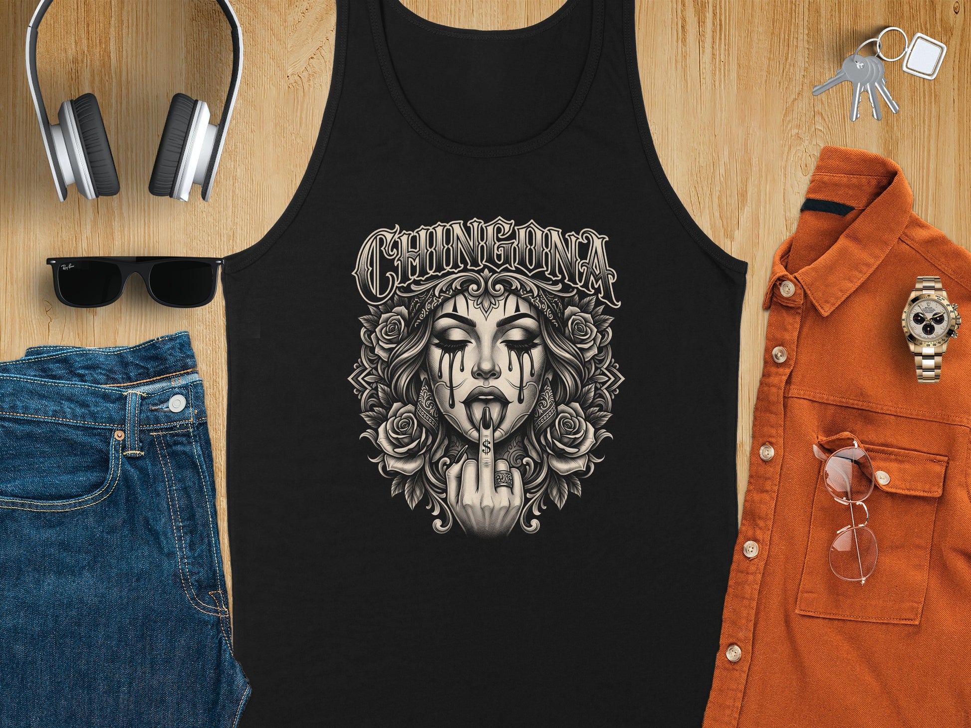Black tank top with "CHINGONA" text and a stylized skull with roses.
