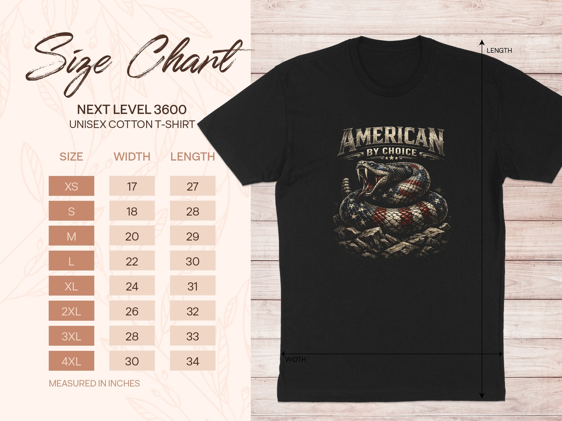 Size chart for Next Level 3600 unisex cotton t-shirt with snake graphic.