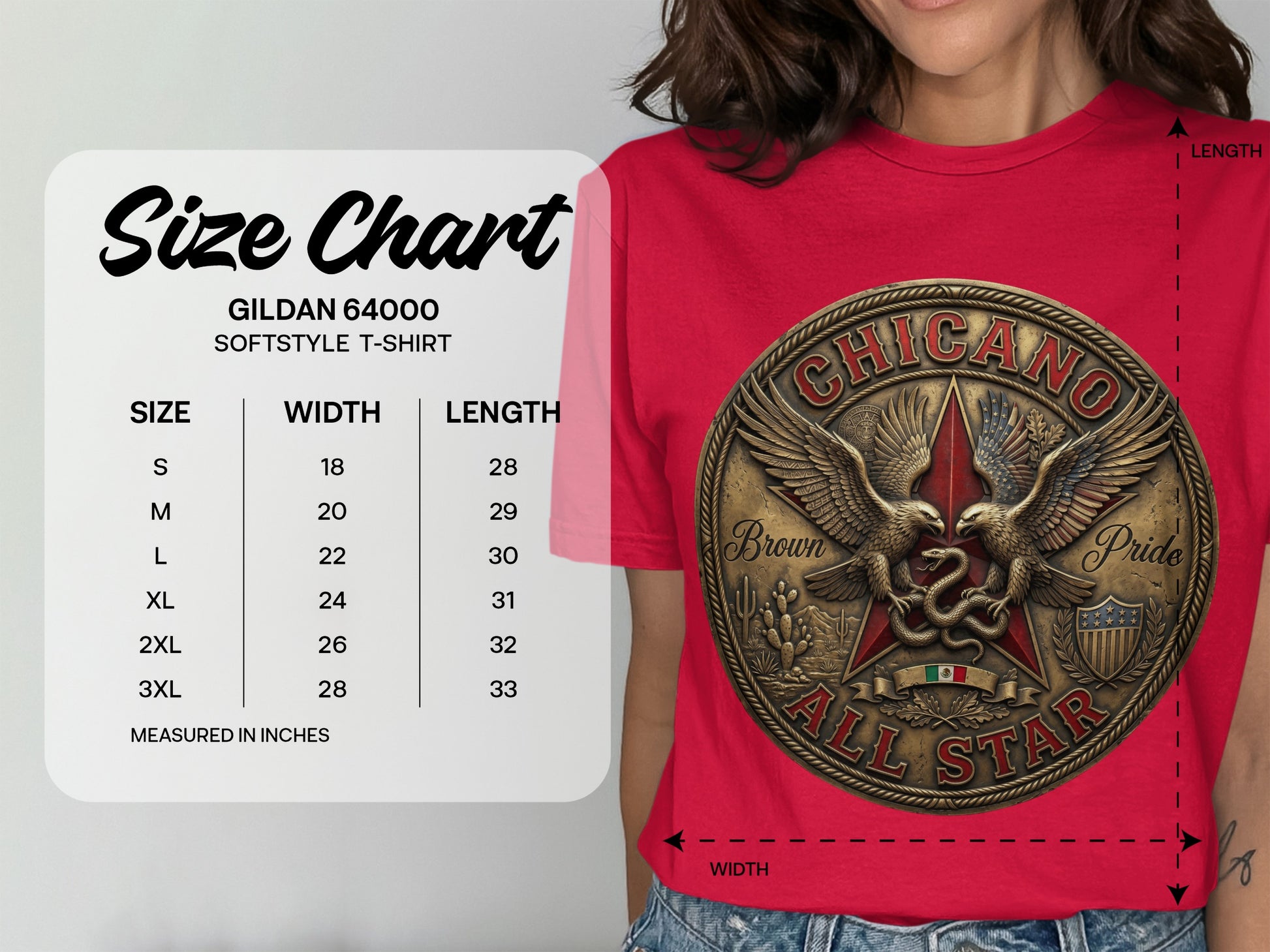Gildan 64000 softstyle t-shirt size chart with measurements.