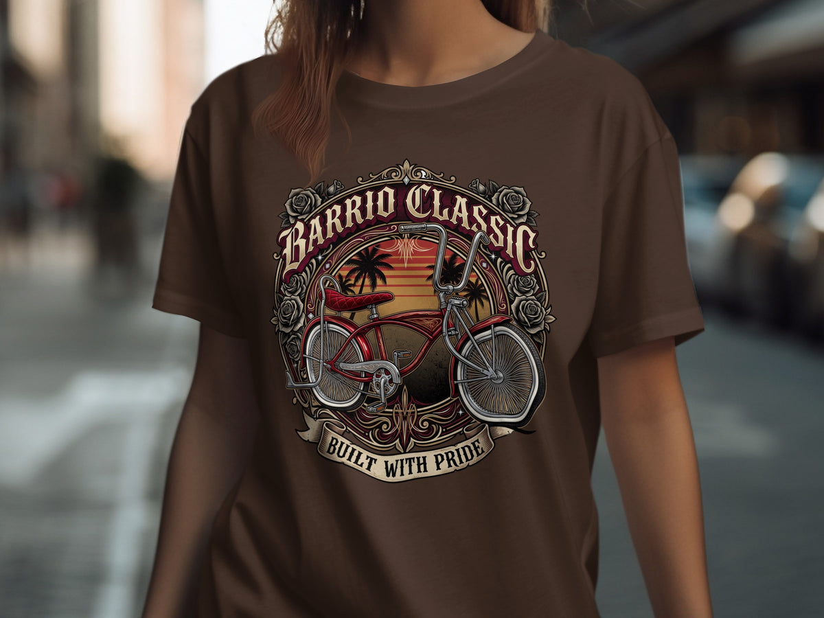 Brown t-shirt with "Barrio Classic Built With Pride" text and a lowrider bicycle graphic.