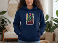 Navy hoodie with raccoon graphic and text 