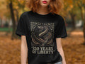 Black t-shirt with coiled snake, American flag, and text 