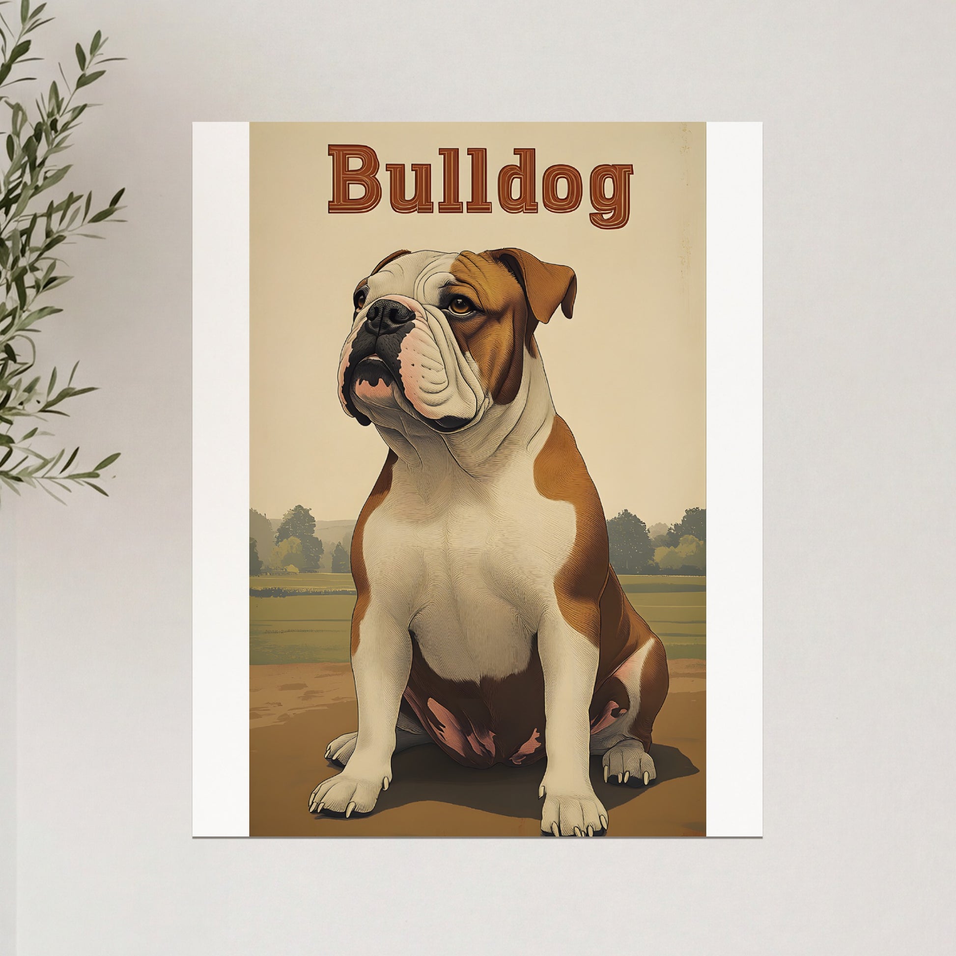 Bulldog sitting in a field with "Bulldog" text above.