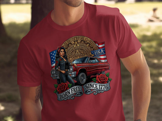 Chicana Lowrider T-Shirt, Impala Car, Aztec Art, USA Flag Pride