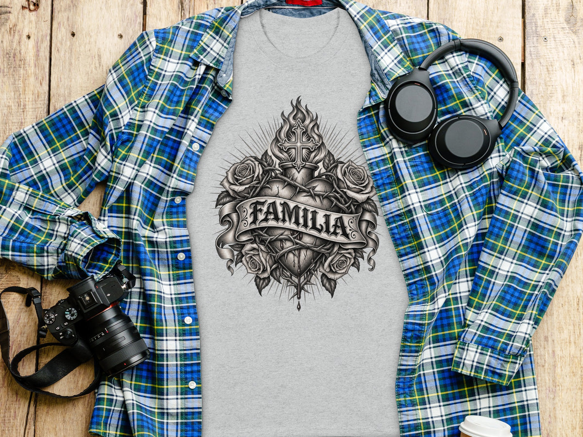 Gray t-shirt with "Familia" banner and heart graphic, on wooden background.