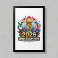 2026 World Cup poster with trophy, flags, and text 