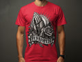 Red t-shirt with praying hands, rosary, rose, and banner text 