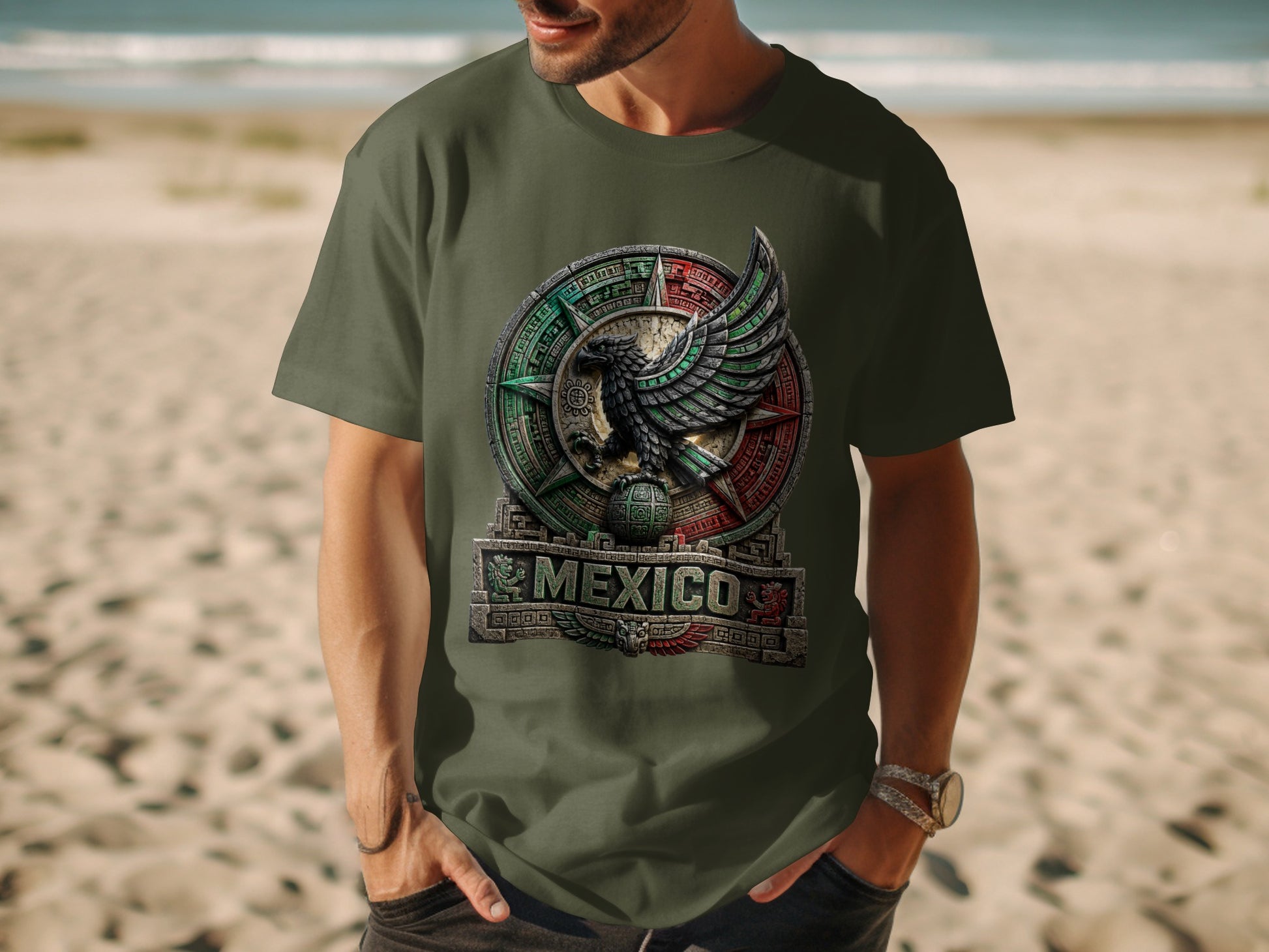 Man wearing olive green t-shirt with Mexico eagle emblem.