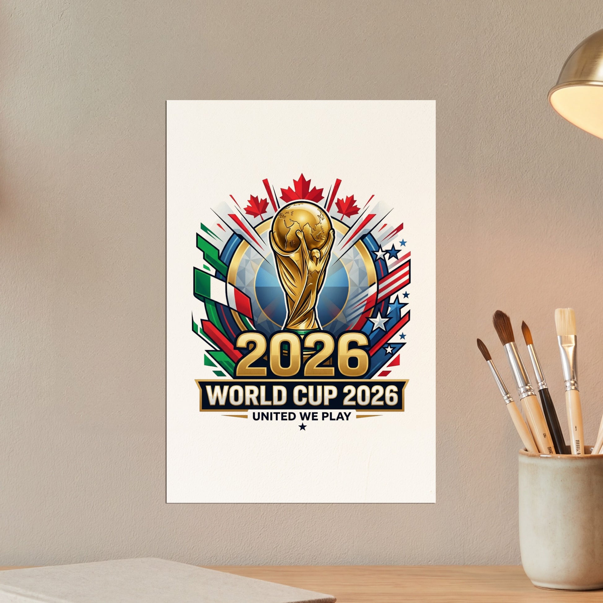 2026 World Cup logo with trophies and flags of participating nations.