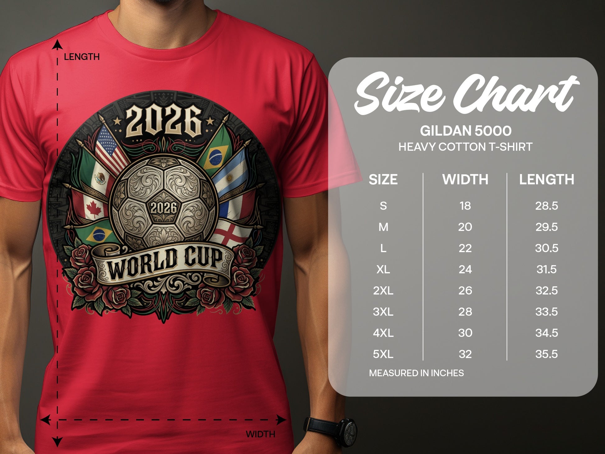Red t-shirt with "2026 World Cup" graphic and Gildan 5000 size chart.