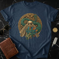 Navy t-shirt featuring a Quetzalcoatl serpent deity and Aztec pyramid design.