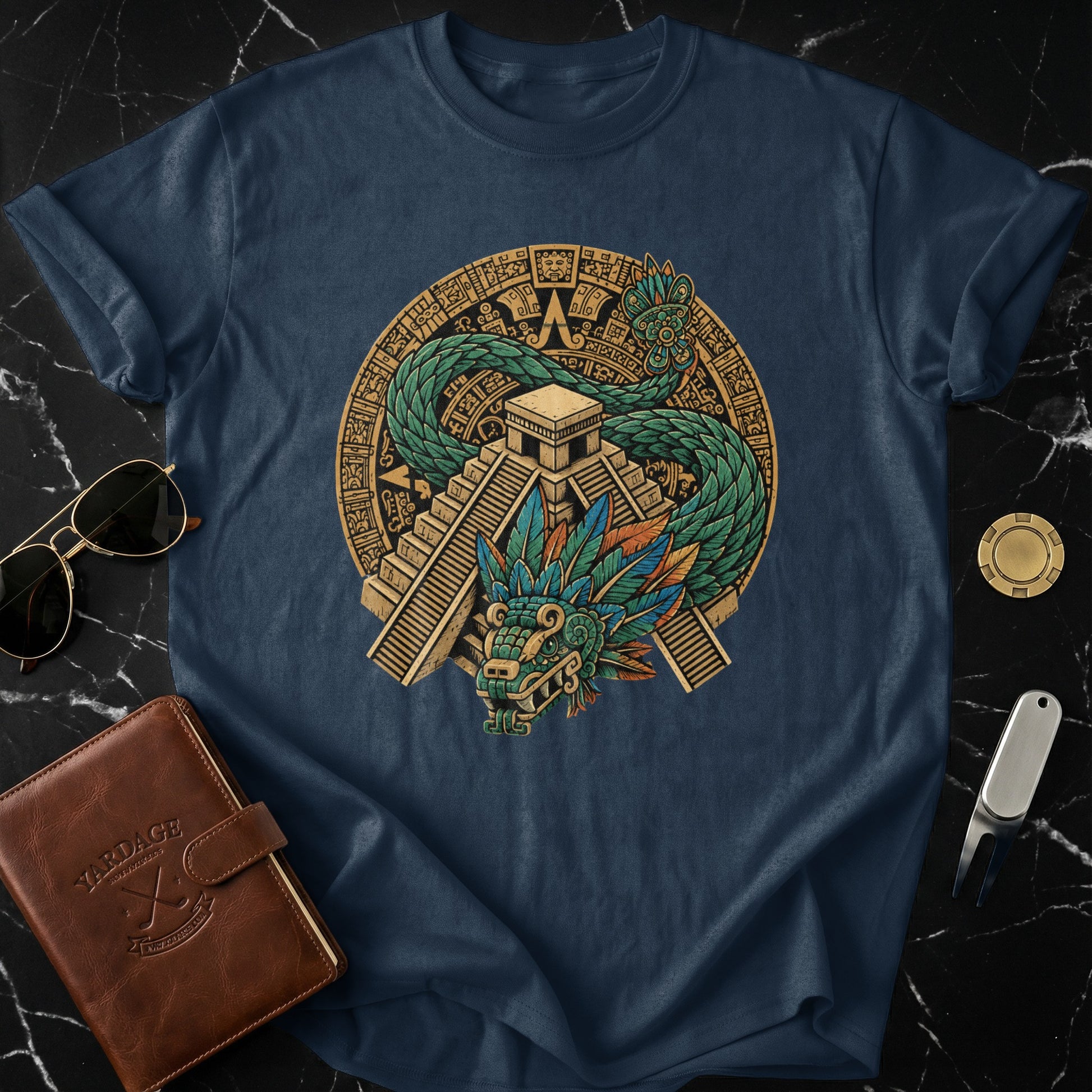 Navy t-shirt featuring a Quetzalcoatl serpent deity and Aztec pyramid design.