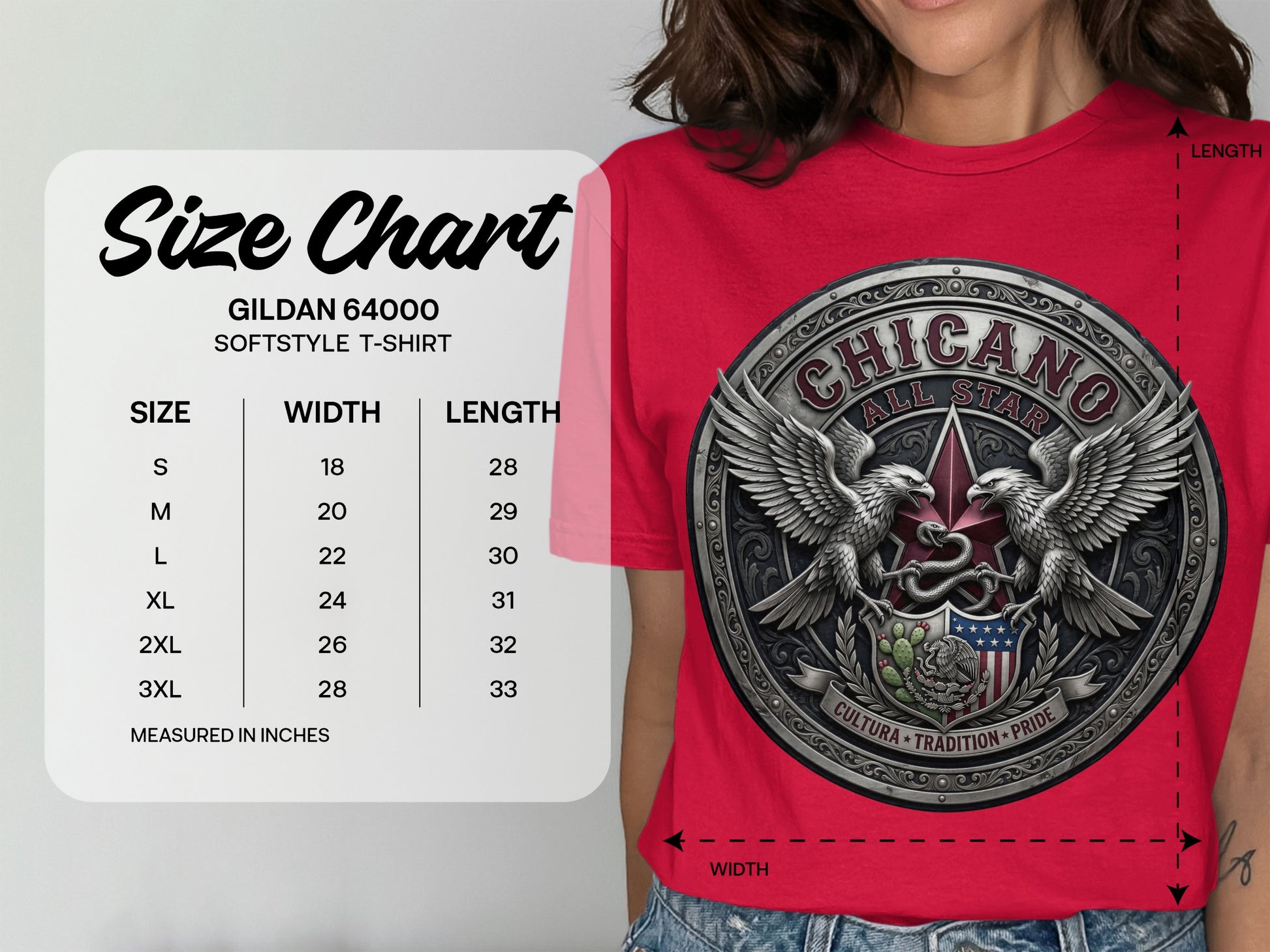Gildan 64000 Softstyle t-shirt size chart with measurements in inches.