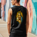 Black tank top with print of Mary holding baby Jesus.