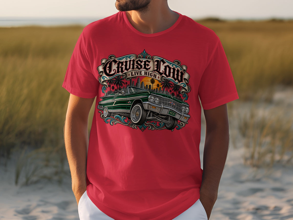 Red t-shirt with "Cruise Low Live High" graphic featuring a lowrider car.
