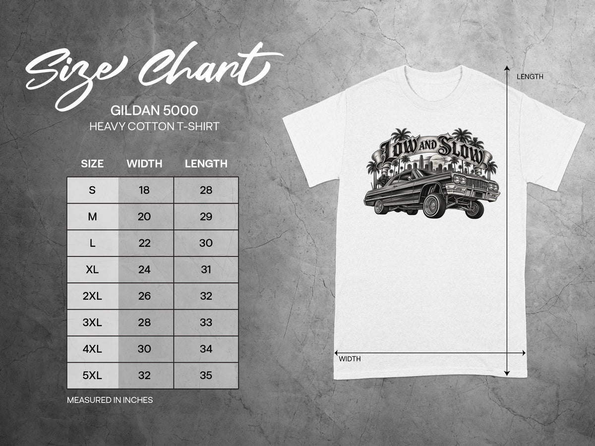 Gildan 5000 Heavy Cotton T-shirt size chart with measurements in inches.