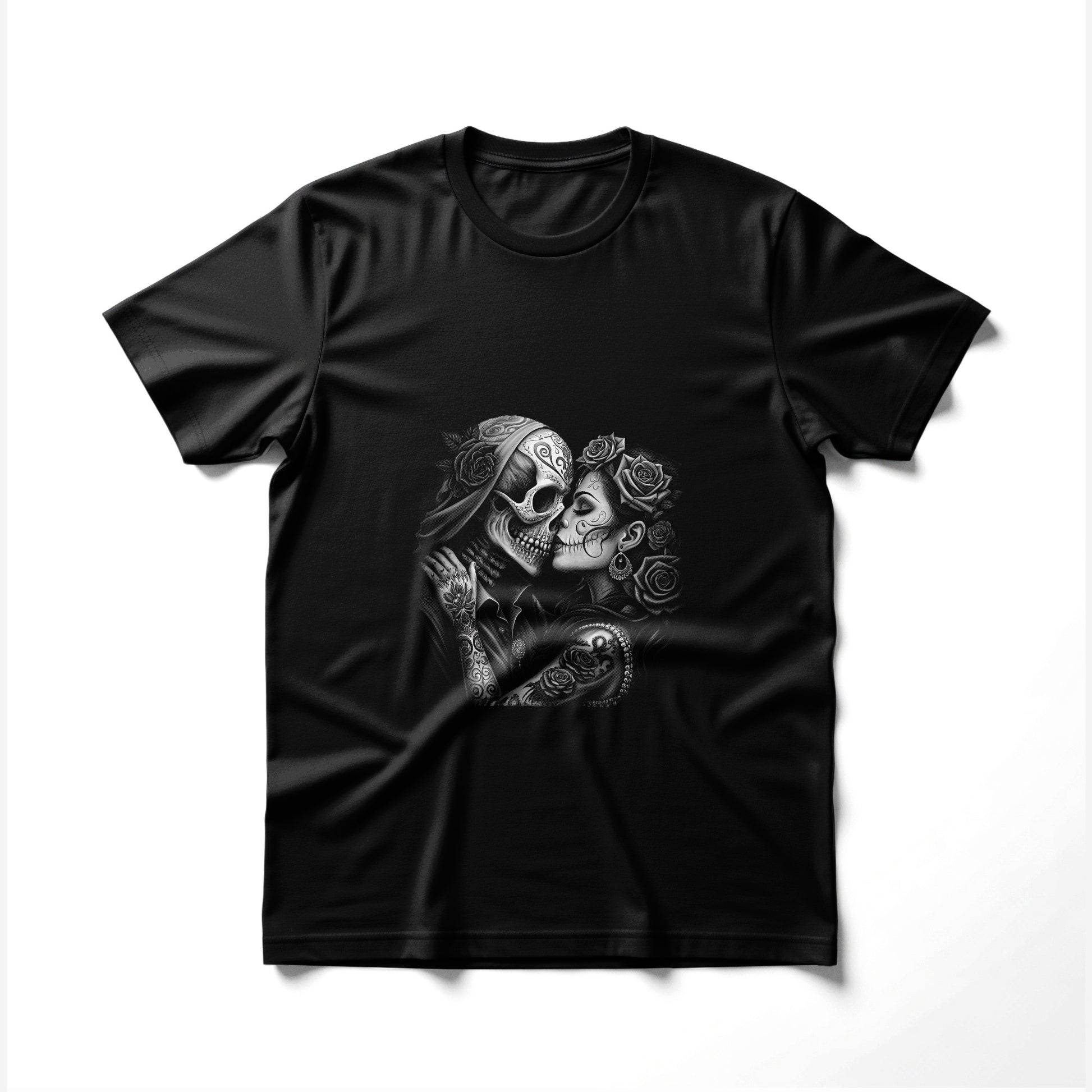 Black t-shirt with a skull couple kissing, adorned with roses and tattoo details.