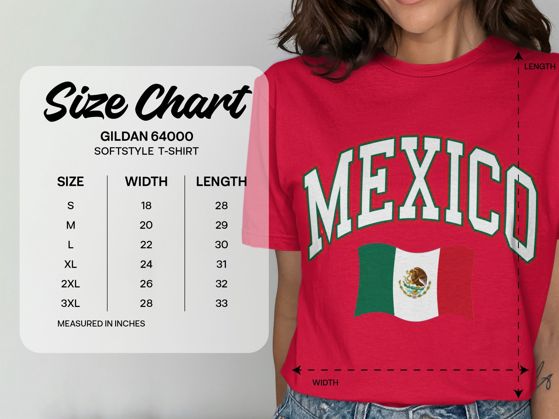 Gildan 64000 size chart for a Mexico flag t-shirt.