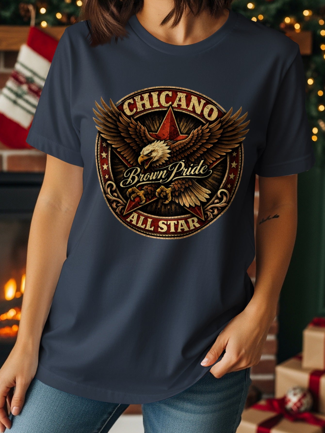 Chicano Brown Pride All Star eagle and star emblem on a dark t-shirt.