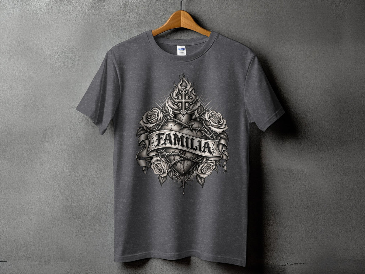 Gray t-shirt with a central graphic of a heart, cross, roses, and banner reading "FAMILIA".