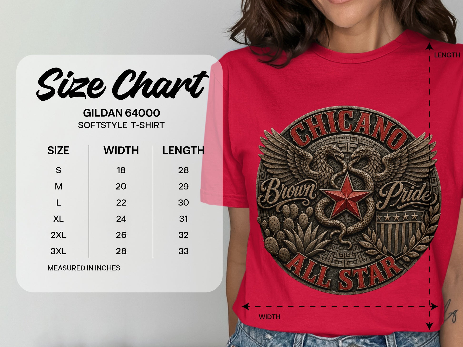 Gildan 64000 Softstyle T-shirt size chart with measurements for width and length.