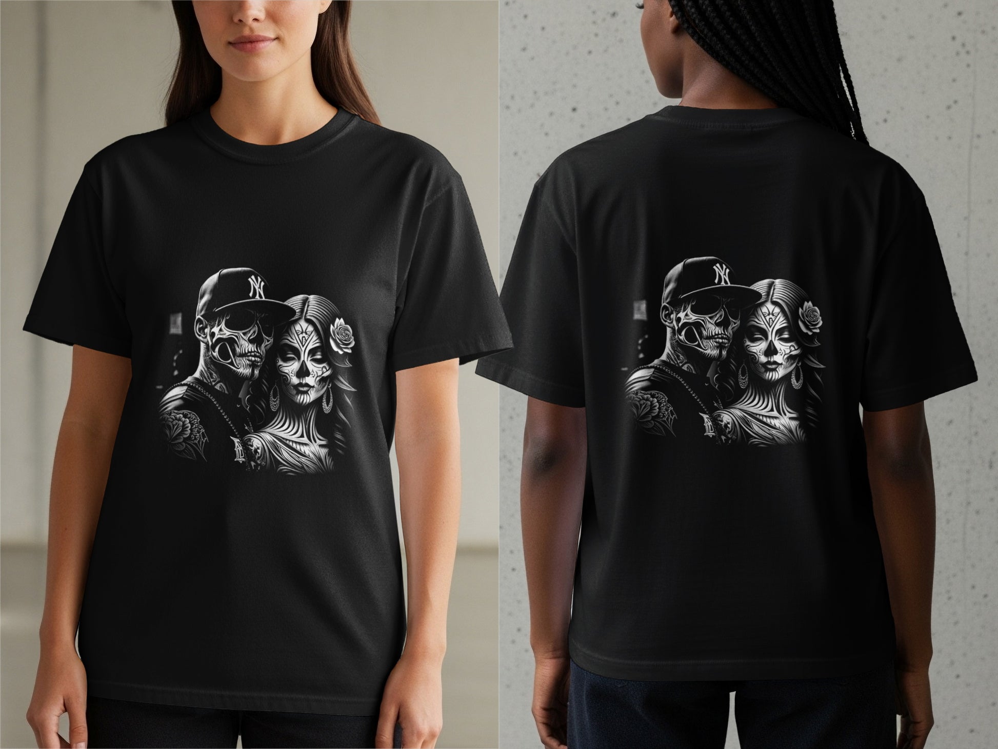 Black t-shirt with skull couple graphic on front and back.