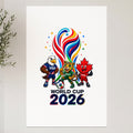 World Cup 2026 logo with mascots: bald eagle, jaguar, and maple leaf.