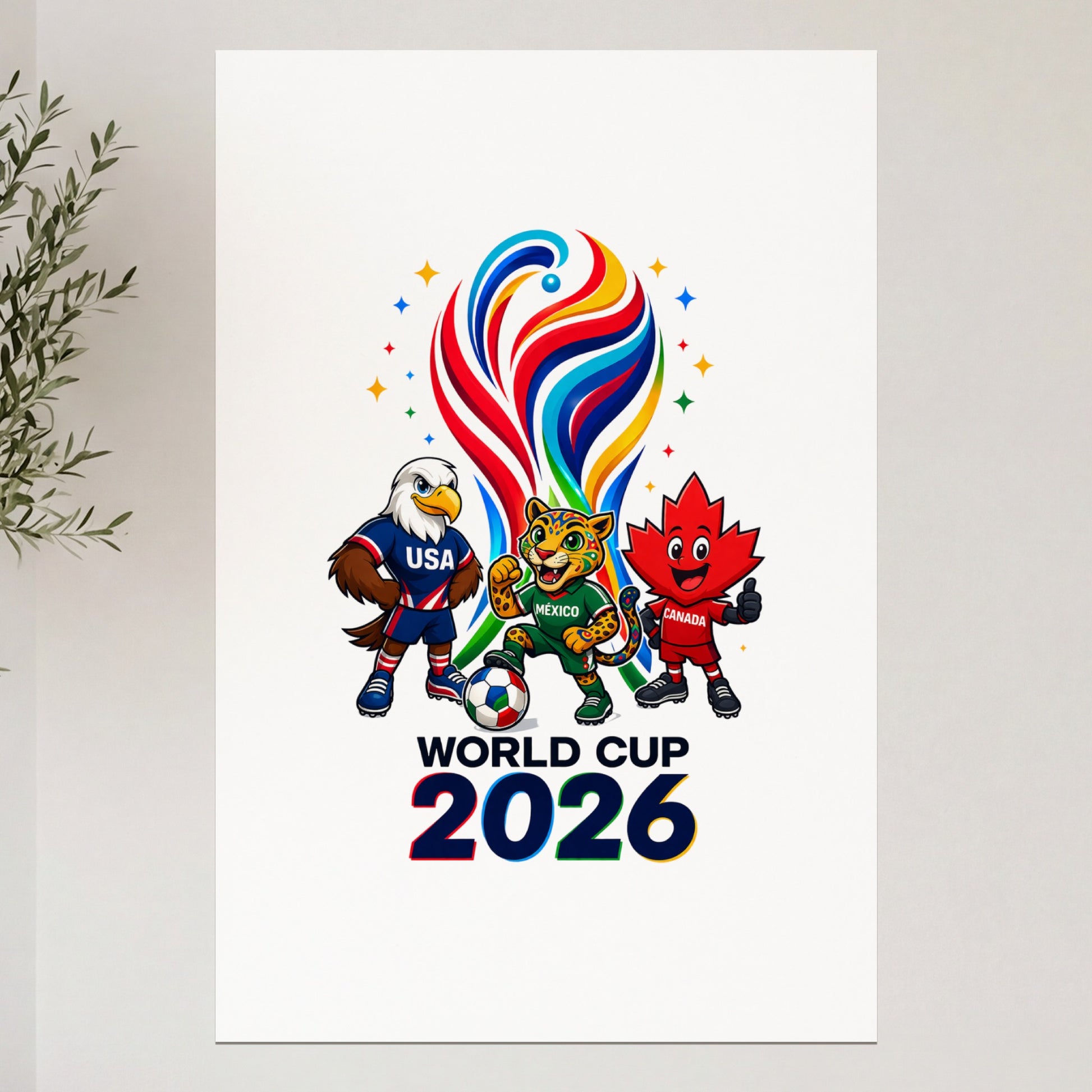 World Cup 2026 logo with mascots: bald eagle, jaguar, and maple leaf.