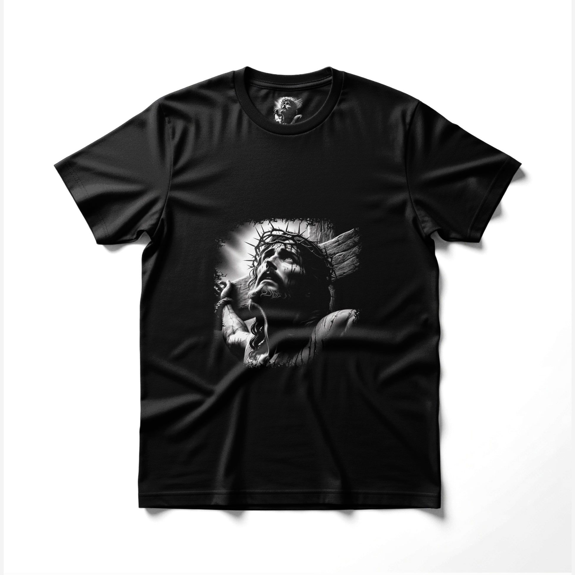 Black t-shirt with black and white graphic of Jesus Christ on the cross.